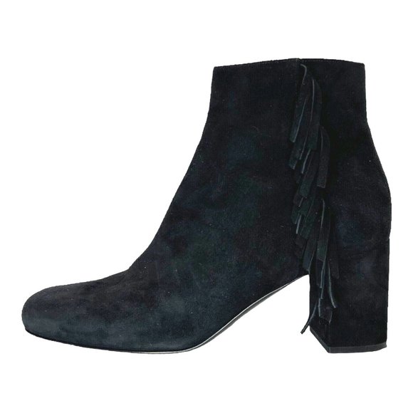 $895 Saint Laurent Black Suede Babies Fringe Ankle Block Heel Booties size 38 - Picture 1 of 11
